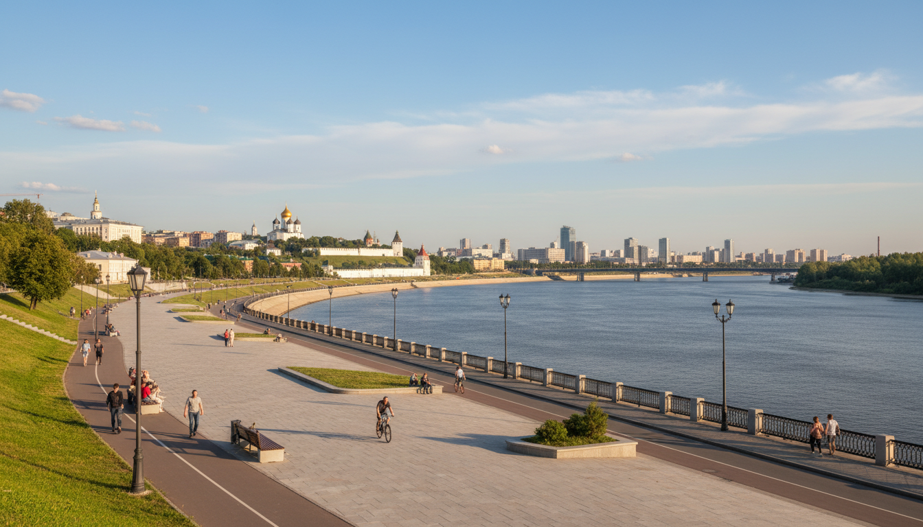 вид на Нижний Новгород, городская набережная, светлый день, ощущение спокойствия и простора