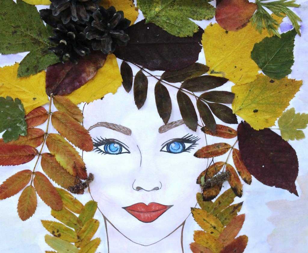 Аппликация из листьев девушка осень в платье