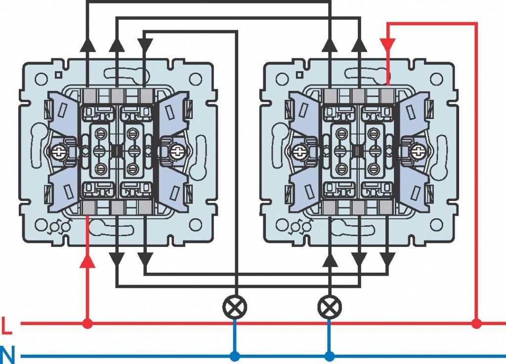Схема подключения двухклавишного проходного выключателя с 2х