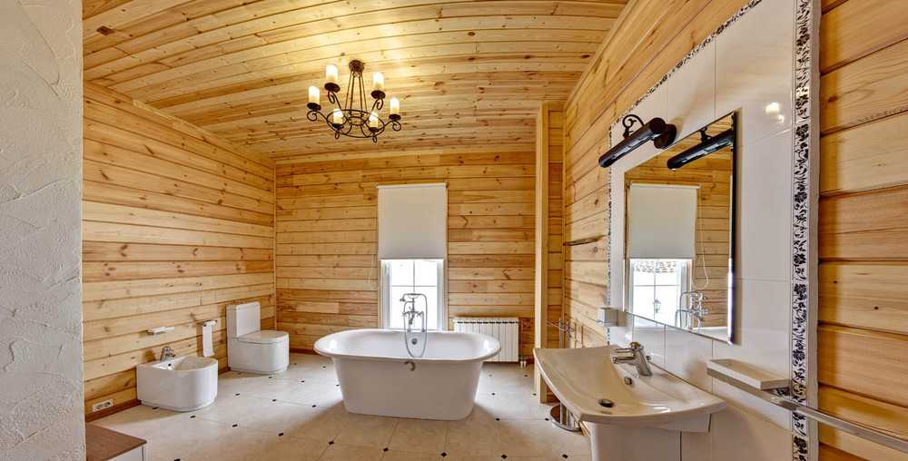 Дизайн ванной комнаты в деревянном доме из бруса с фото